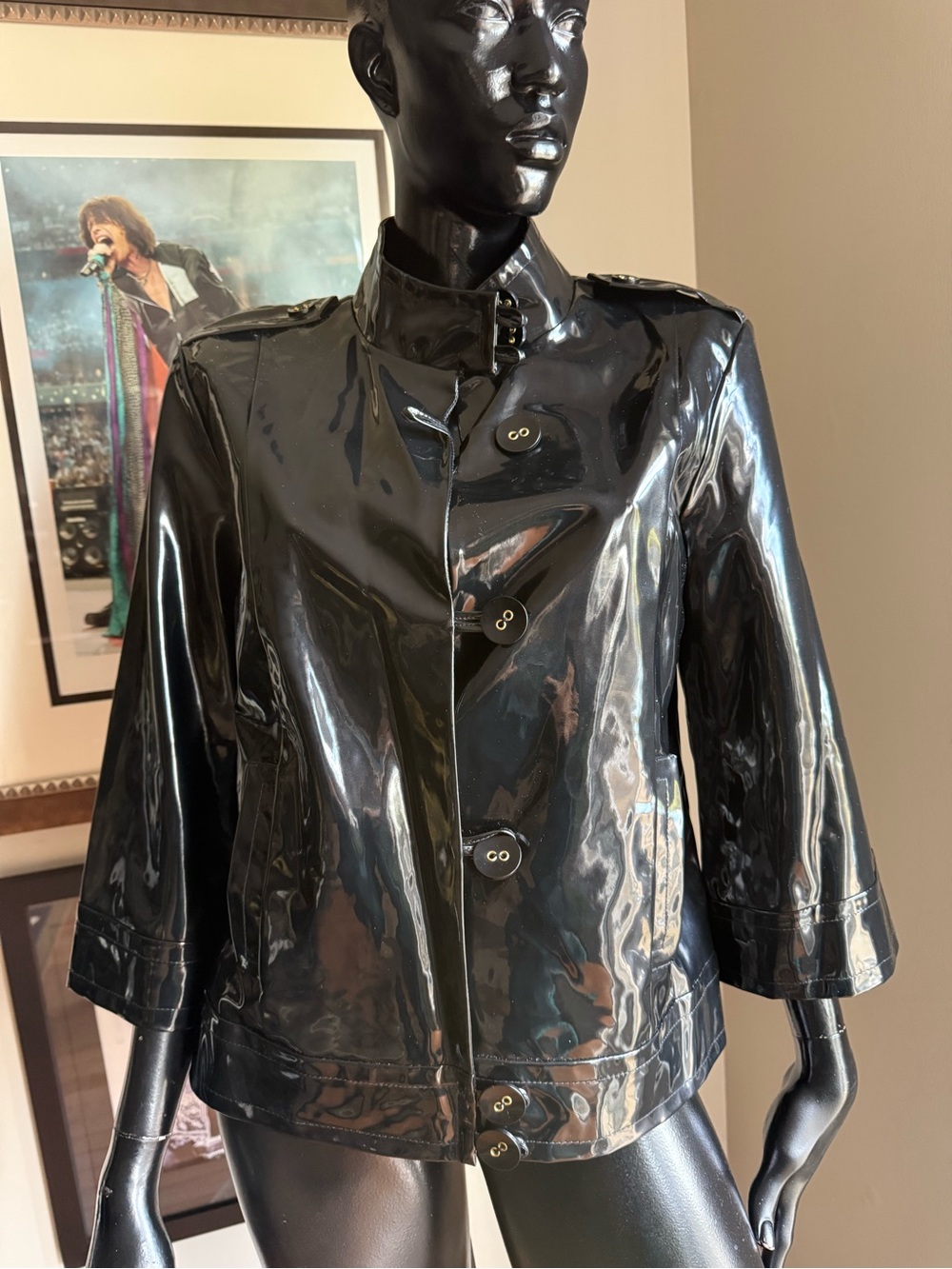 WD•NY Black Patent Look Moto Jacket Size 8 Leopard Lined